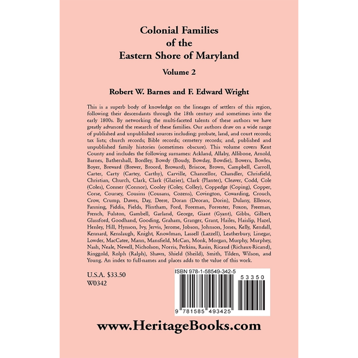 Colonial Families of the Eastern Shore of Maryland, Volume 2 back cover
