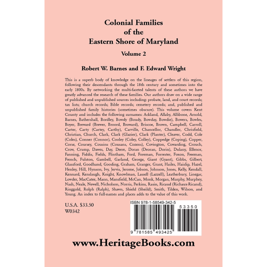 Colonial Families of the Eastern Shore of Maryland, Volume 2 back cover
