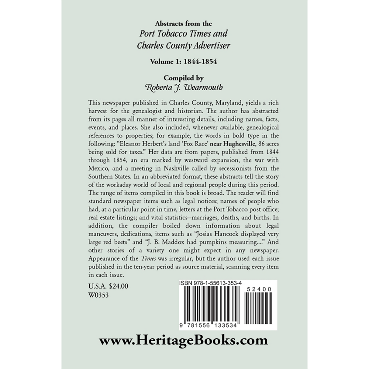 Abstracts from the Port Tobacco Times and Charles County [Maryland] Advertiser: Volume 1, 1844-1854 back cover