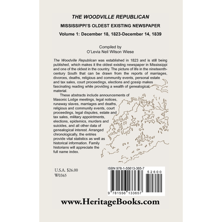 back cover of The Woodville Republican: Mississippi's Oldest Existing Newspaper, Volume 1: December 18, 1823 through December 14, 1839