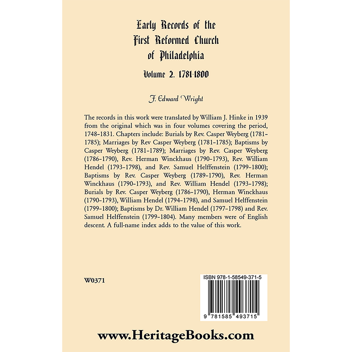 Early Church Records of the First Reformed Church of Philadelphia, Volume 2, 1781-1800 back cover
