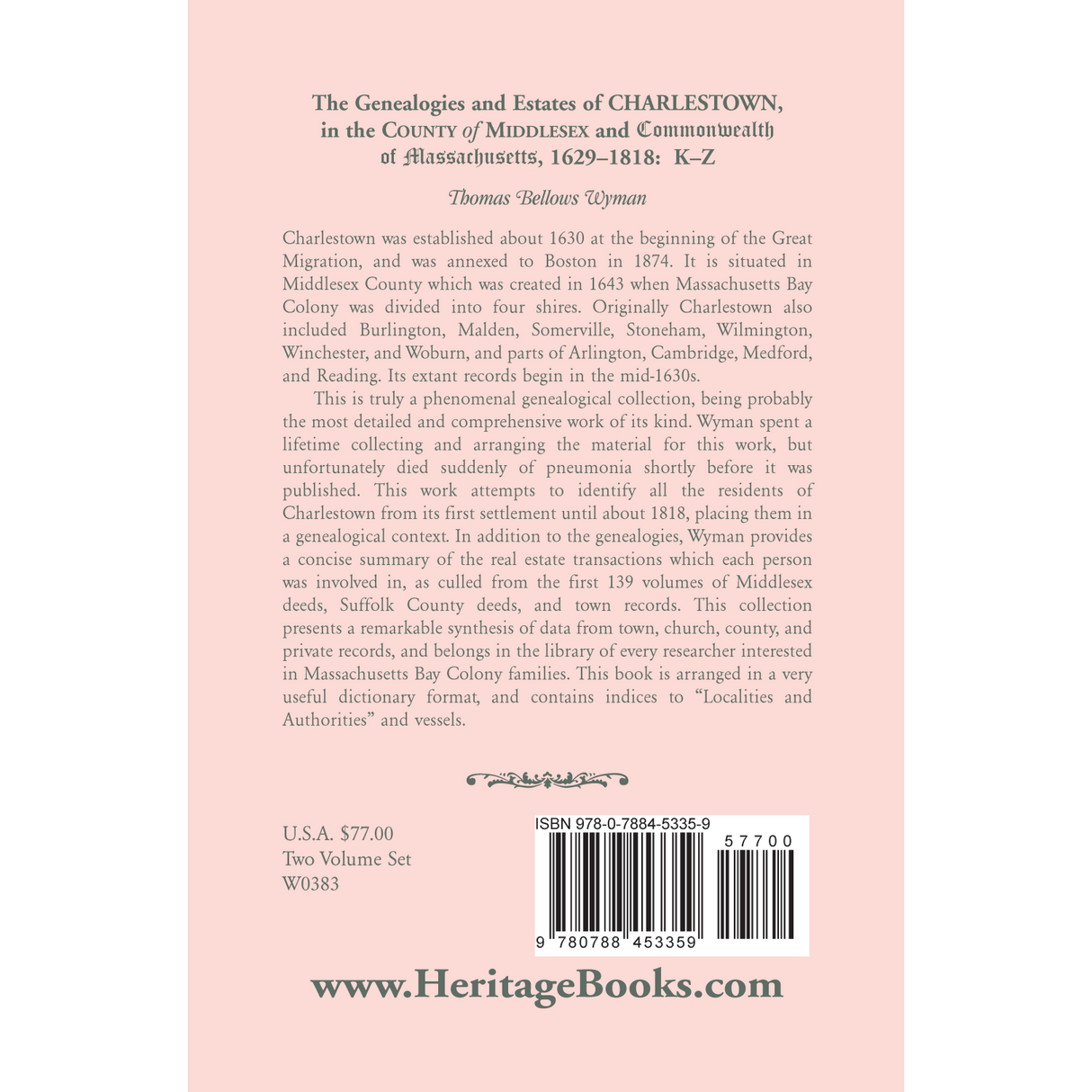 The Genealogies and Estates of Charlestown, in the County of Middlesex, and the Commonwealth of Massachusetts, 1629-1818, Volume 2 back cover