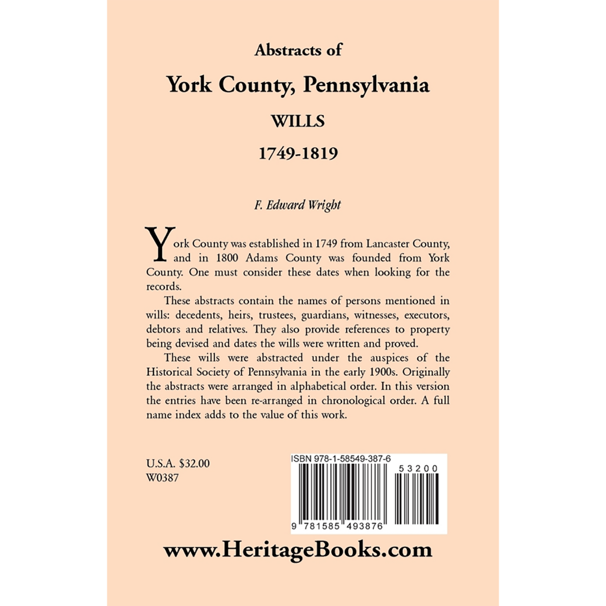 Abstracts of York County, Pennsylvania Wills, 1749-1819 back cover