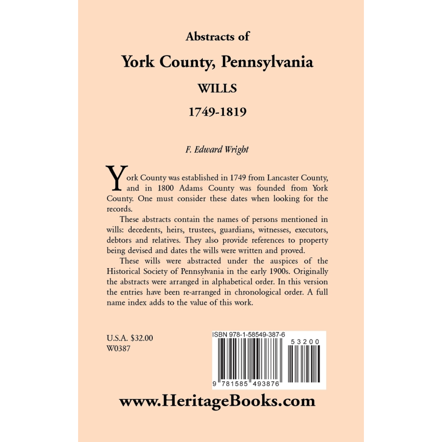 Abstracts of York County, Pennsylvania Wills, 1749-1819 back cover