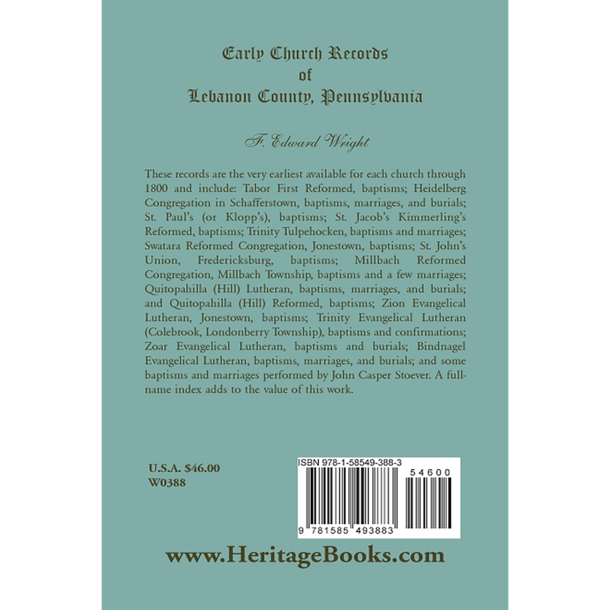 Early Church Records of Lebanon County, Pennsylvania back cover