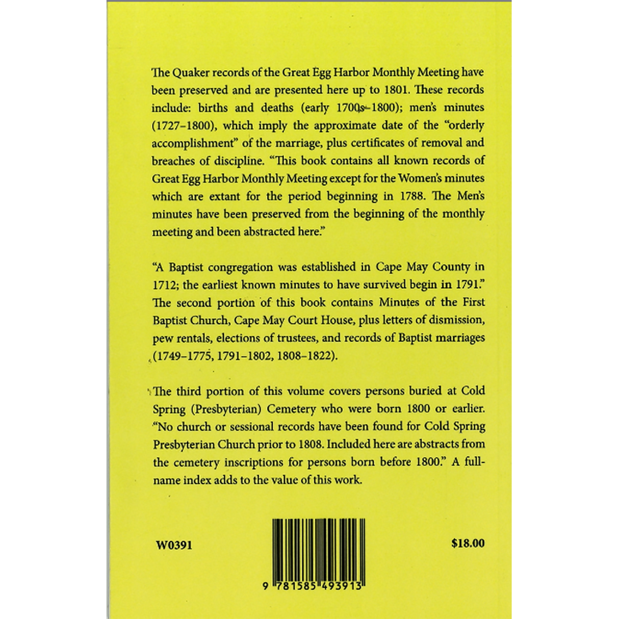 Early Church Records of Atlantic and Cape May Counties, New Jersey back cover