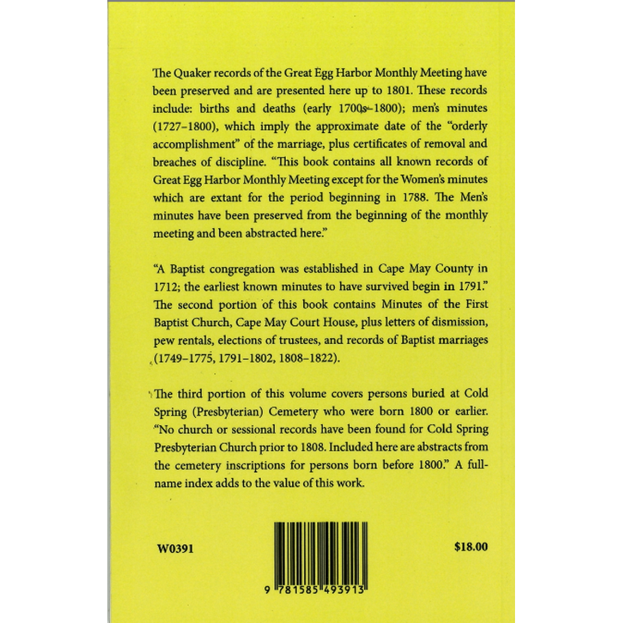 Early Church Records of Atlantic and Cape May Counties, New Jersey back cover