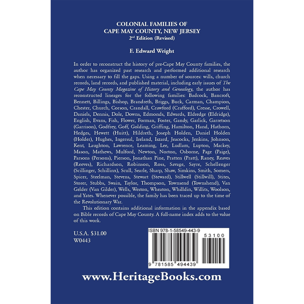 Colonial Families of Cape May, New Jersey, Revised 2nd Edition back cover