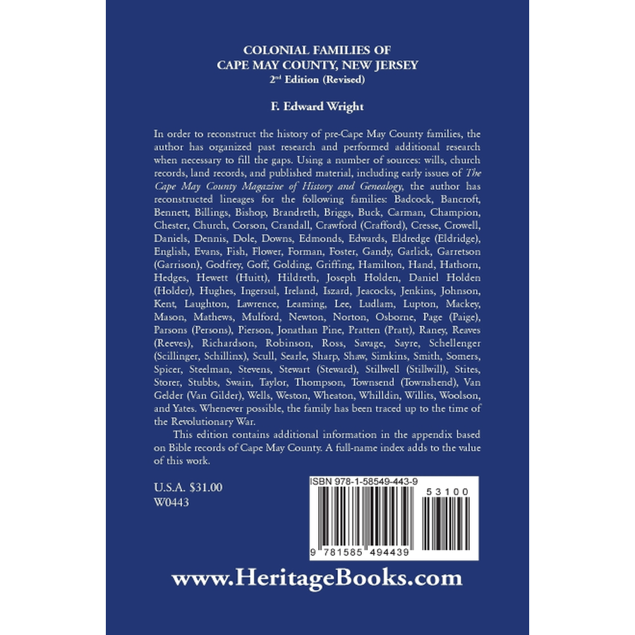 Colonial Families of Cape May, New Jersey, Revised 2nd Edition back cover