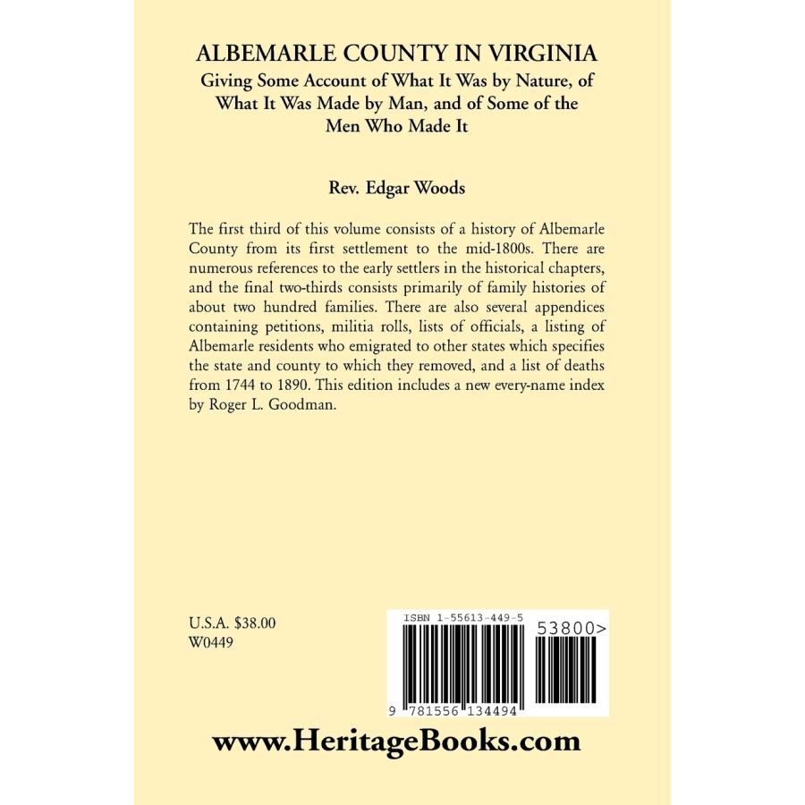 back cover of Albemarle County in Virginia, Giving Some Account of What It Was by Nature, of What It was Made by Man, and of Some of the Men Who Made It