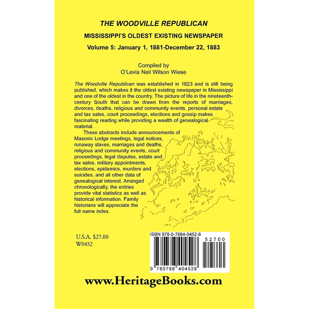 The Woodville Republican: Mississippi's Oldest Existing Newspaper, Volume 5: January 1, 1881-December 22, 1883 back cover