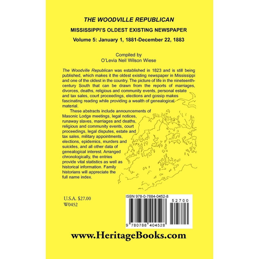 back cover of The Woodville Republican: Mississippi's Oldest Existing Newspaper, Volume 5: January 1, 1881-December 22, 1883