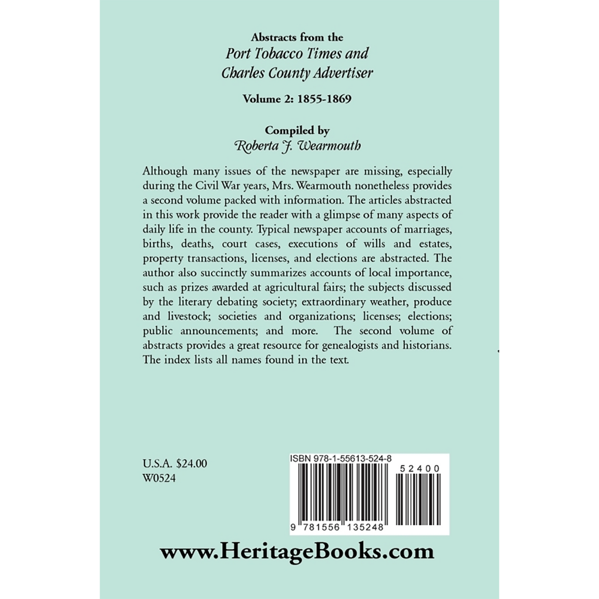 Abstracts from the Port Tobacco Times and Charles County [Maryland] Advertiser: Volume 2, 1855-1869 back cover