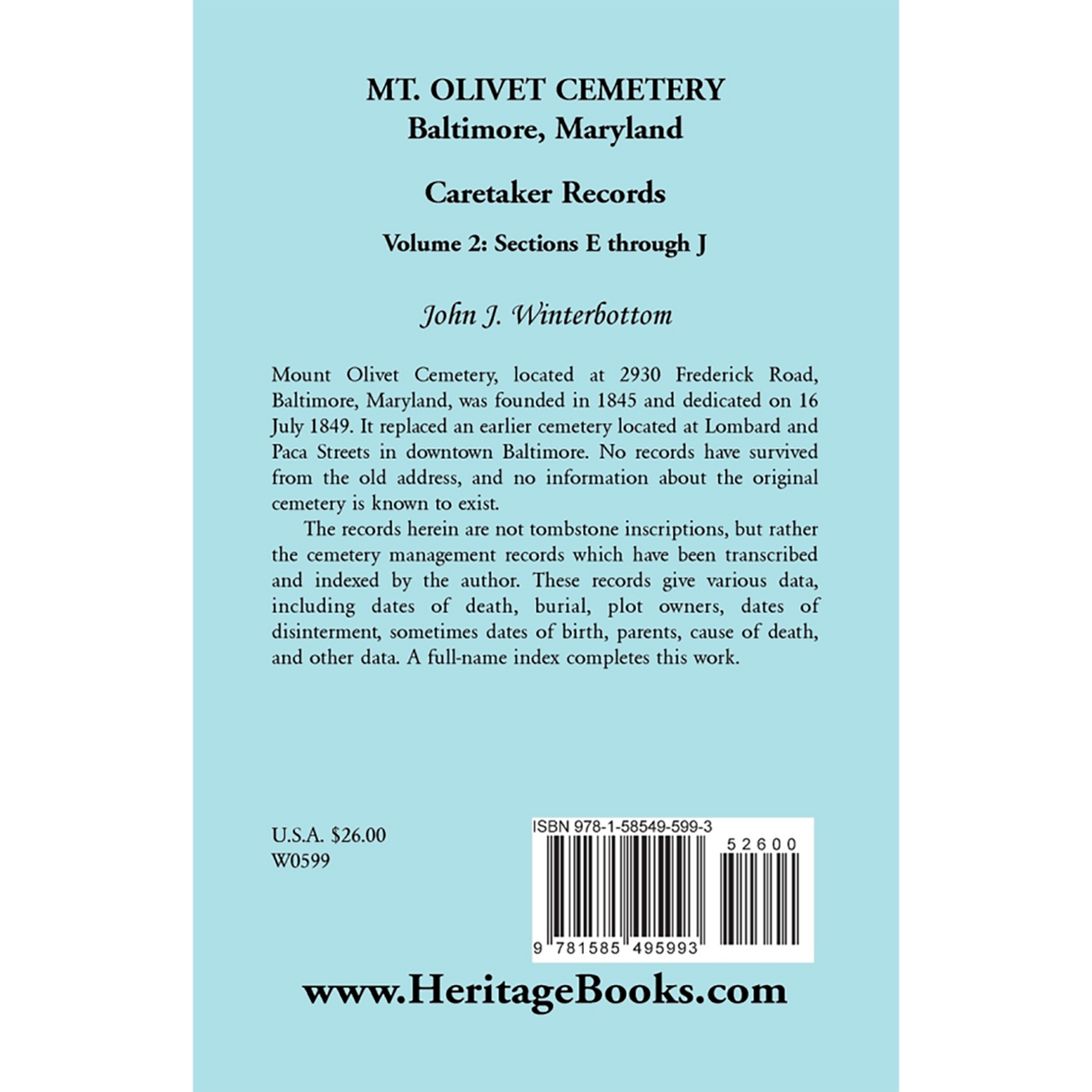 Mt. Olivet Cemetery, Baltimore, Maryland, Caretaker Records, Volume 2: Sections E through J back cover