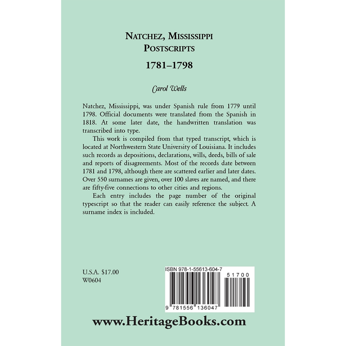 Natchez Postscripts, 1781-1798 back cover