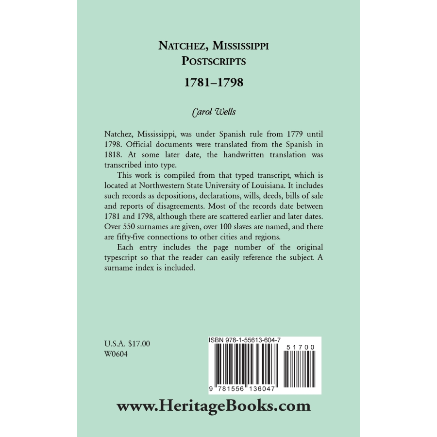 Natchez Postscripts, 1781-1798 back cover