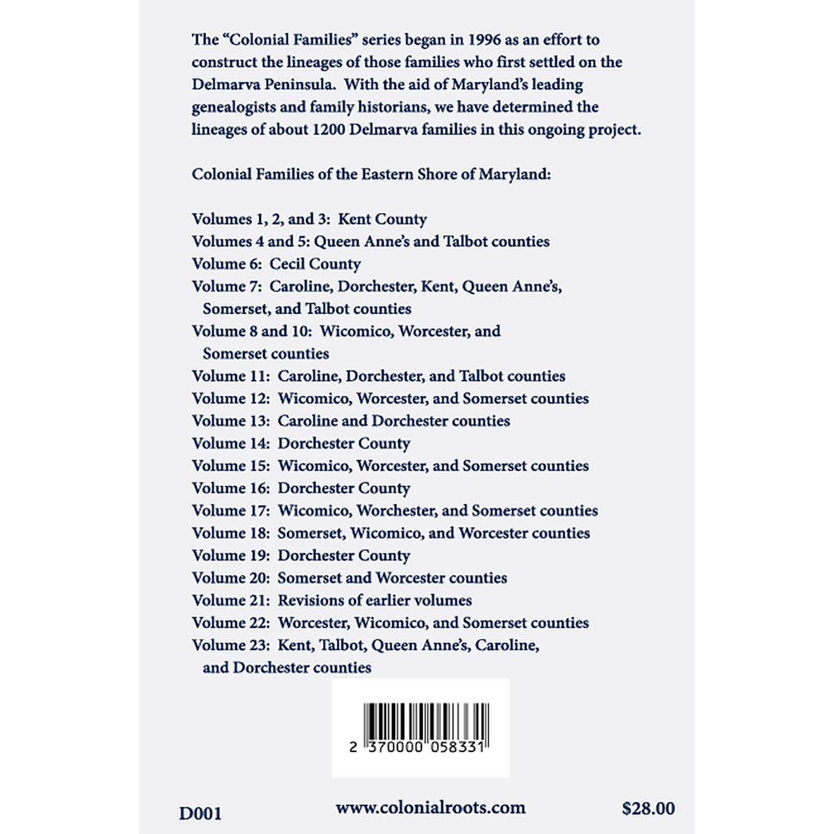 Colonial Families of the Eastern Shore of Maryland, Volume 9 back cover