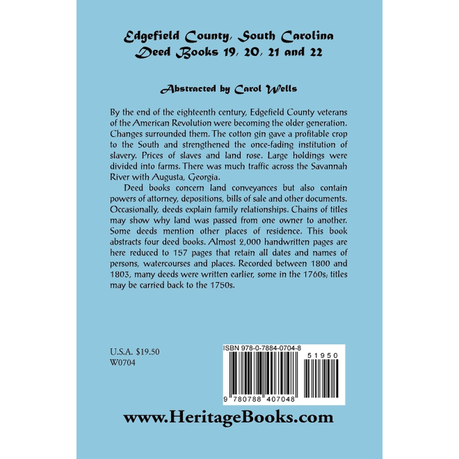 back cover of Edgefield County, South Carolina, Deed Books 19, 20, 21 and 22