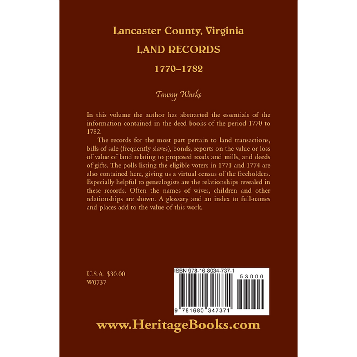Lancaster County, Virginia Land Records, 1770-1782 back cover