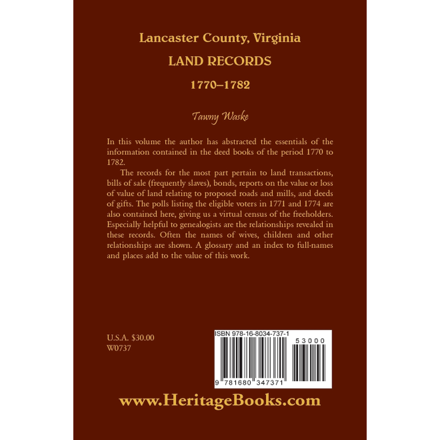 back cover of Lancaster County, Virginia Land Records, 1770-1782