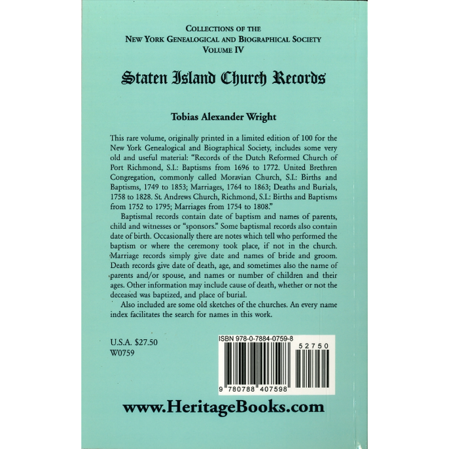 Staten Island [New York] Church Records back cover