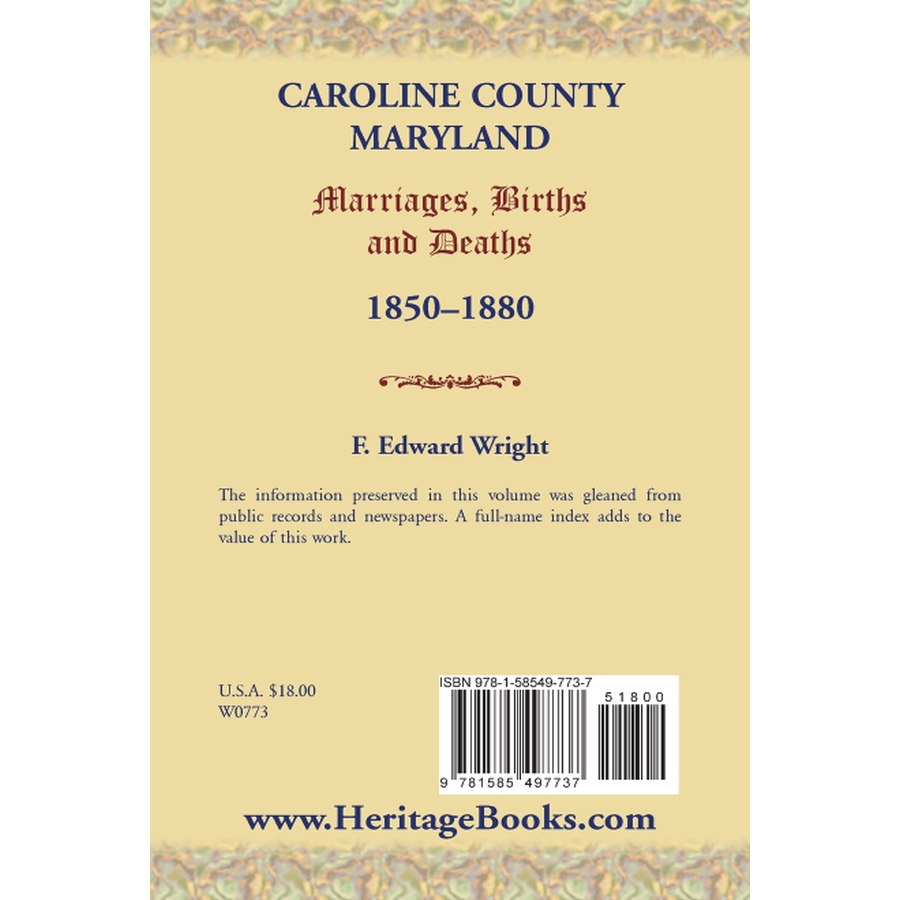 back cover of Caroline County, Maryland Marriages, Births and Deaths, 1850-1880