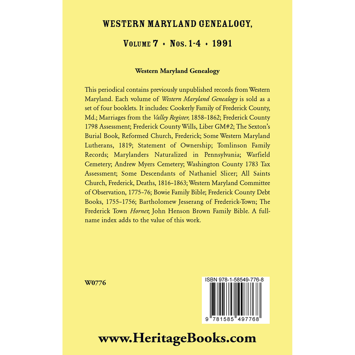 Western Maryland Genealogy, Volume 7, 1991 back cover