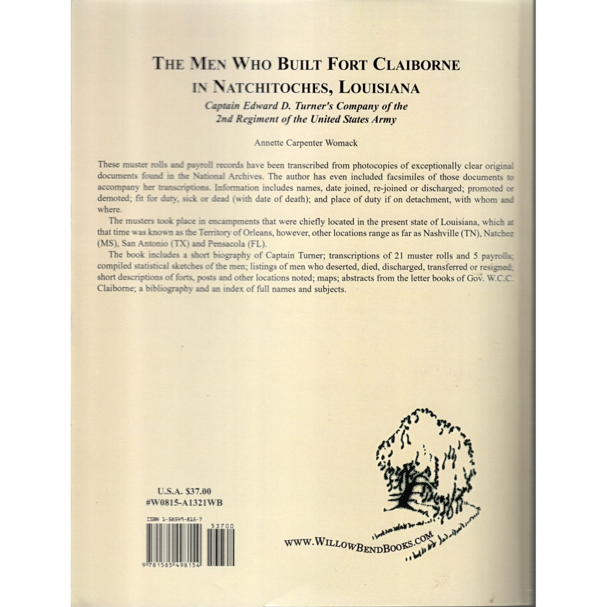 The Men Who Built Fort Claiborne in Natchitoches, Louisiana: Captain Edward D. Turner's Company of the 2nd Regiment of the United States Army back cover
