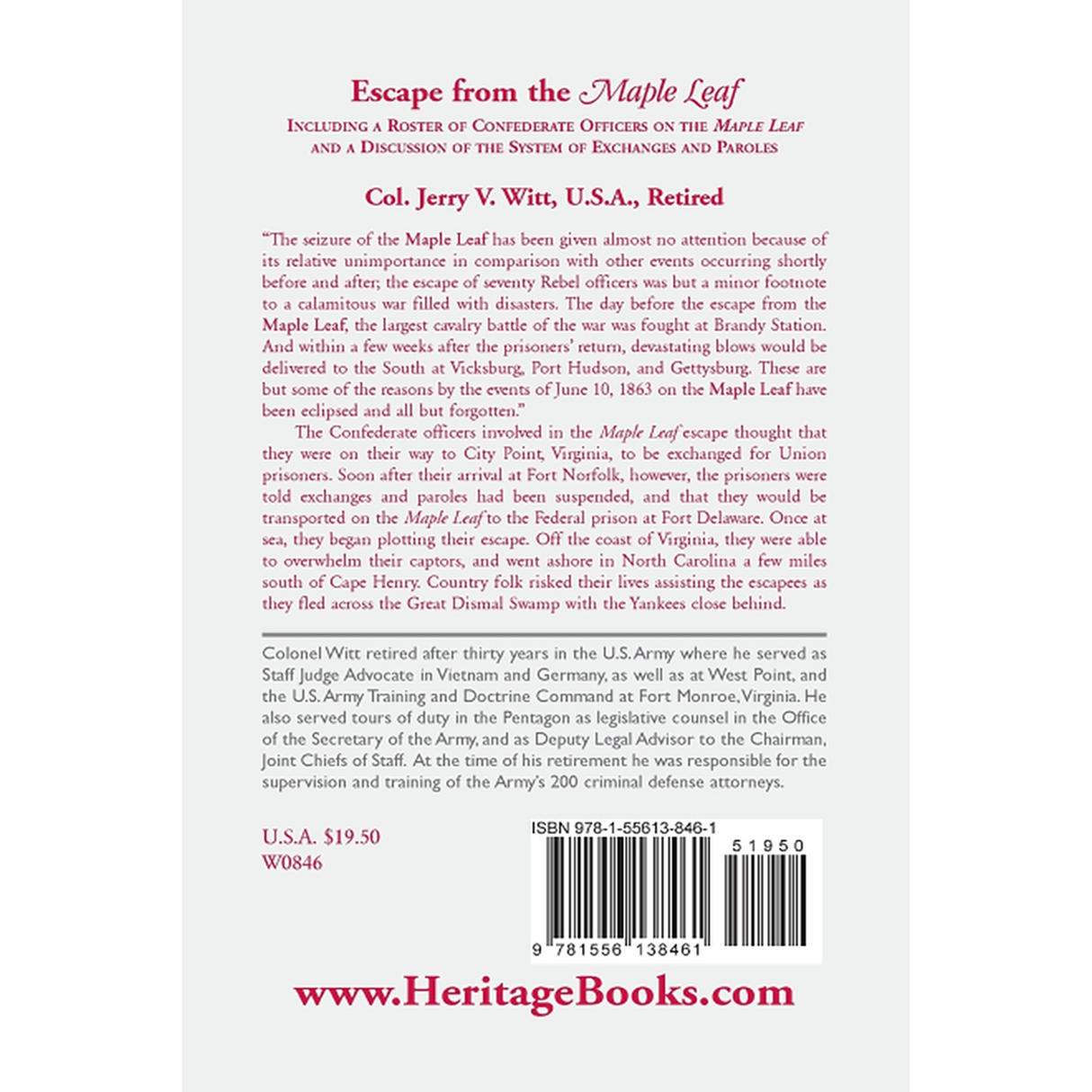 Escape from the "Maple Leaf", Including a roster of Confederate Officers on the "Maple Leaf" and a discussion of the System of Exchanges and Paroles back cover