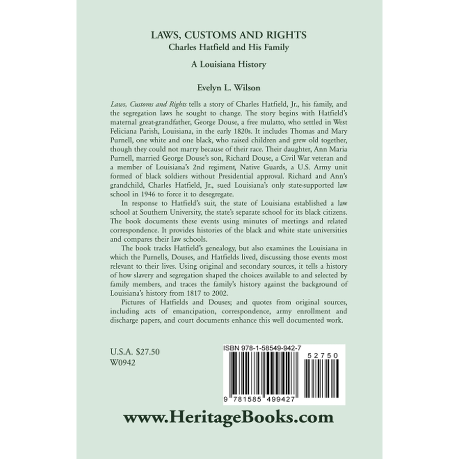 back cover of Laws, Customs and Rights: Charles Hatfield and His Family, A Louisiana History