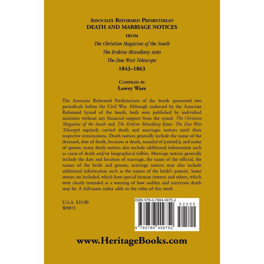 back cover of Associate Reformed Presbyterian Death and Marriage Notices, Volume I: 1843-1863