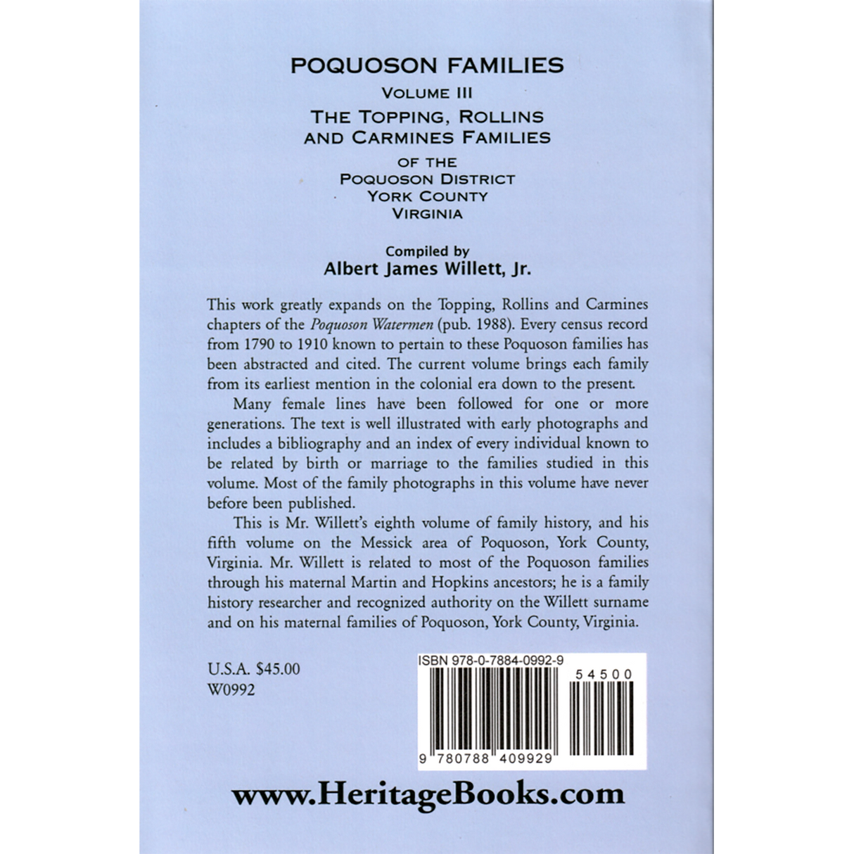 Poquoson Families, Volume III: The Topping, Rollins, and Carmines Families of Poquoson District, York County, Virginia back cover