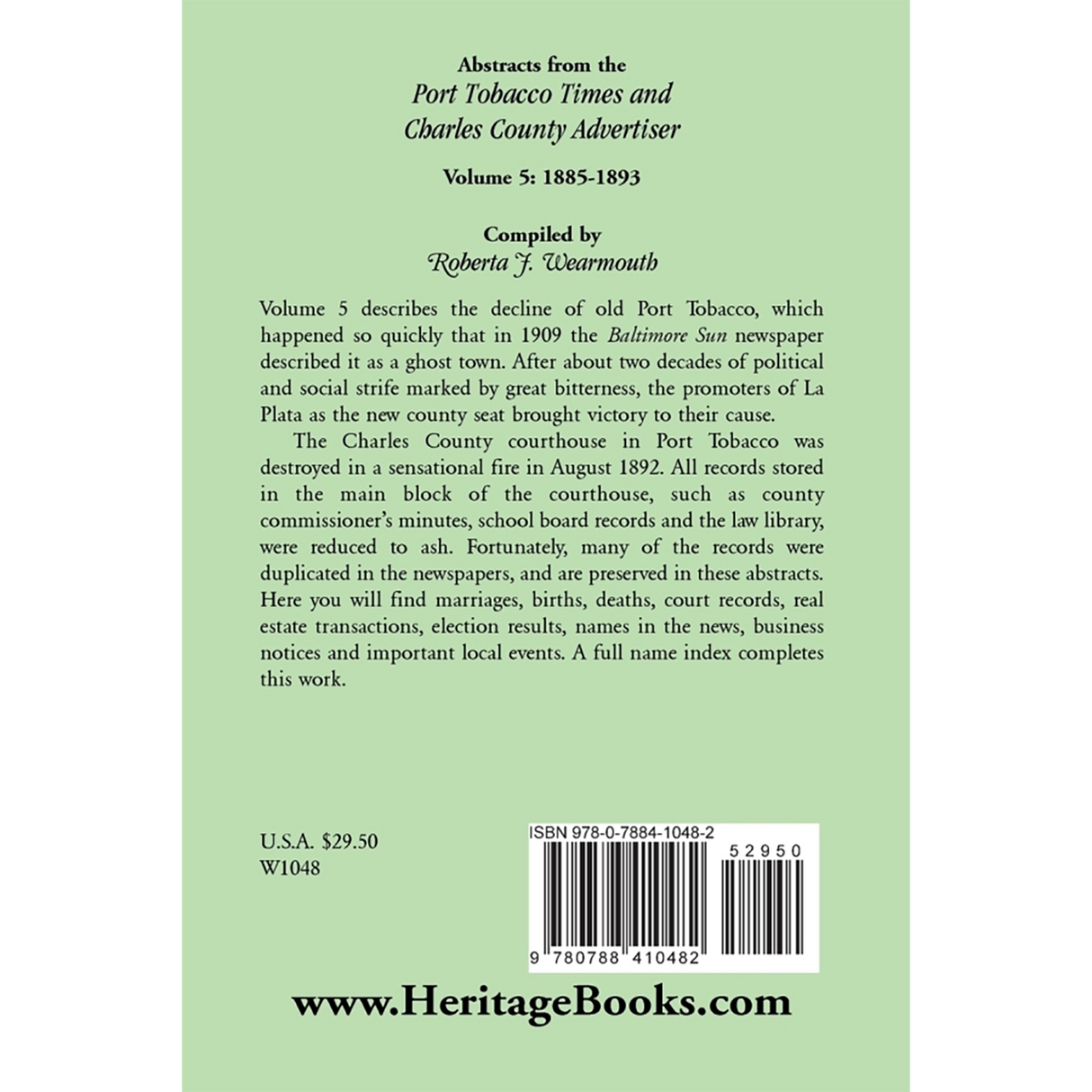 Abstracts from the Port Tobacco Times and Charles County [Maryland] Advertiser: Volume 5, 1885-1893 back cover
