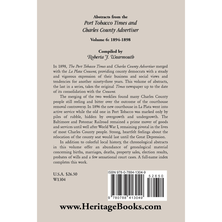 Abstracts from the Port Tobacco Times and Charles County [Maryland] Advertiser: Volume 6, 1894-1898 back cover