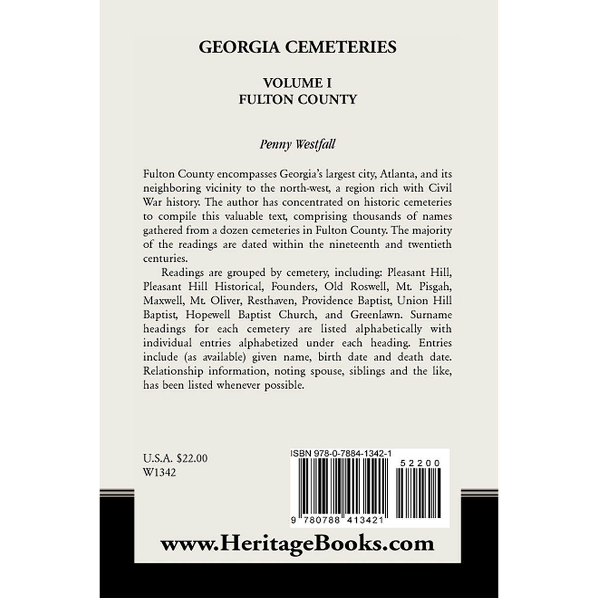 Georgia Cemeteries, Volume I: Fulton County back cover