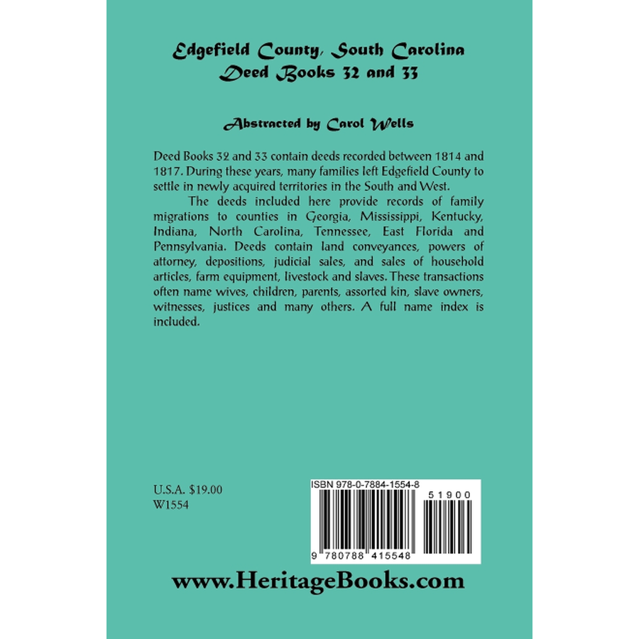 back cover of Edgefield County, South Carolina, Deed Books 32 and 33