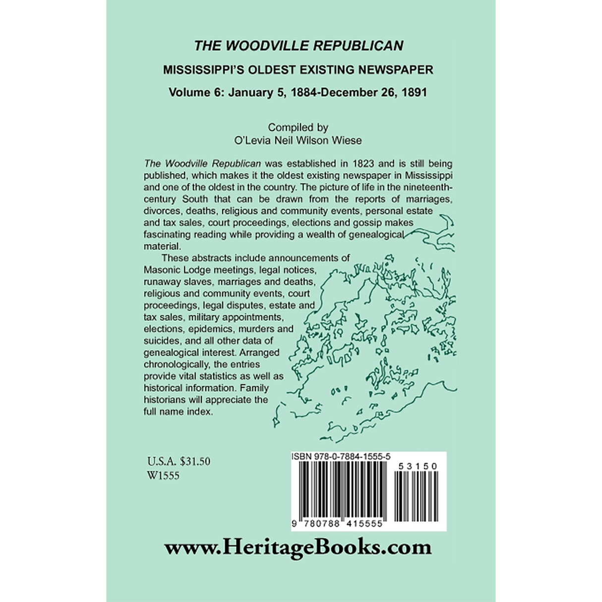 The Woodville Republican: Mississippi's Oldest Existing Newspaper, Volume 6: January 5, 1884-December 26, 1891 back cover
