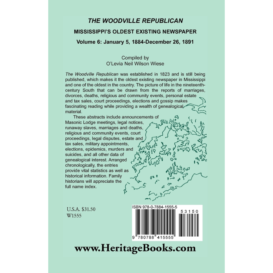 back cover of The Woodville Republican: Mississippi's Oldest Existing Newspaper, Volume 6: January 5, 1884-December 26, 1891