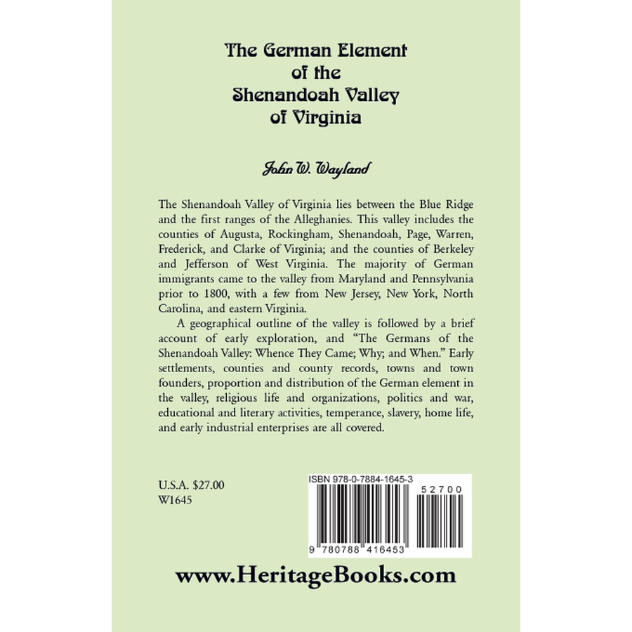 back cover of The German Element of the Shenandoah Valley of Virginia