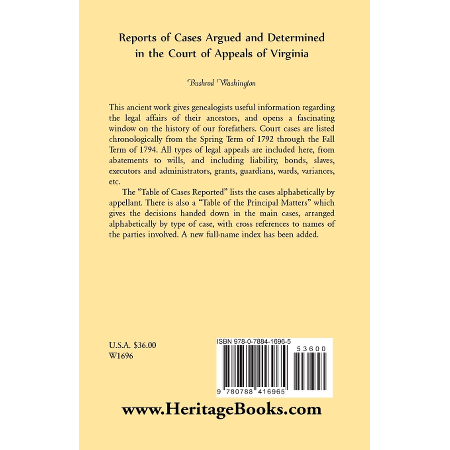 back cover of Reports of Cases Argued and Determined in the Court of Appeals of Virginia