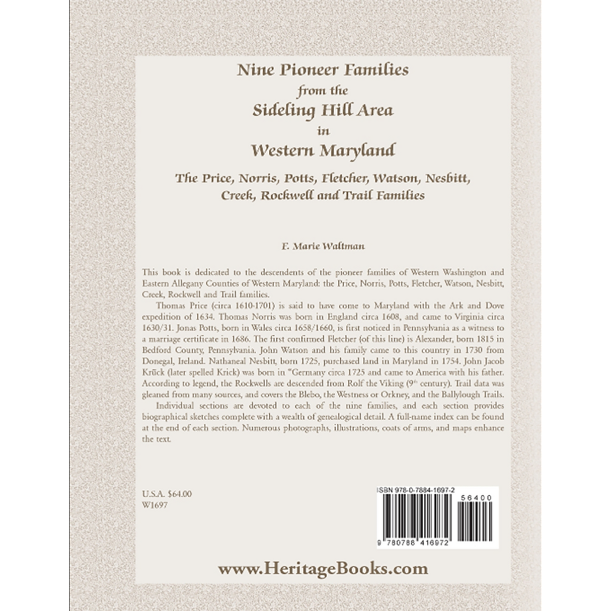 Nine Pioneer Families From the Sideling Hill Area in Western Maryland back cover