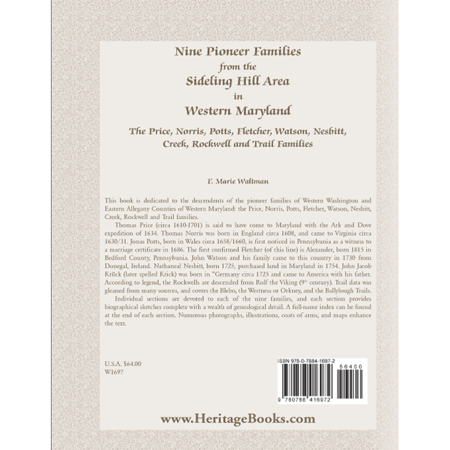 Nine Pioneer Families From the Sideling Hill Area in Western Maryland back cover