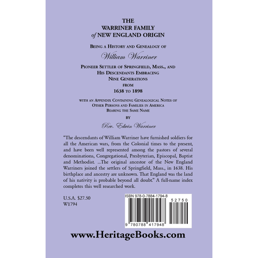 The Warriner Family of New England Origin back cover