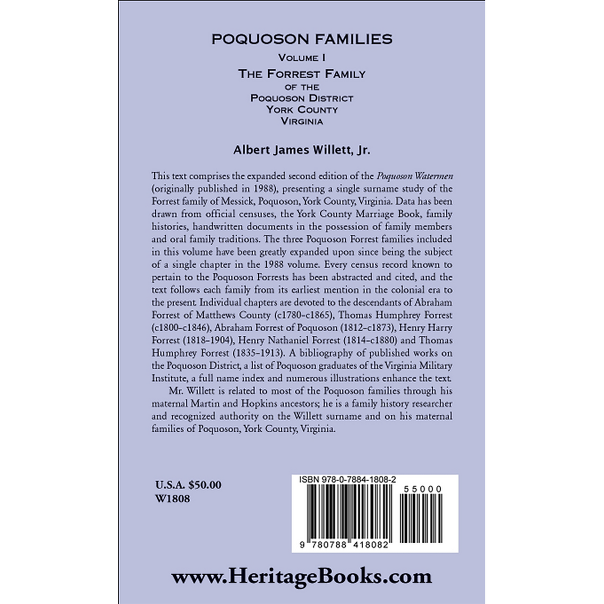 Poquoson Families, Volume I: The Forrest Family of the Poquoson District, York County, Virginia [case-laminate] back cover