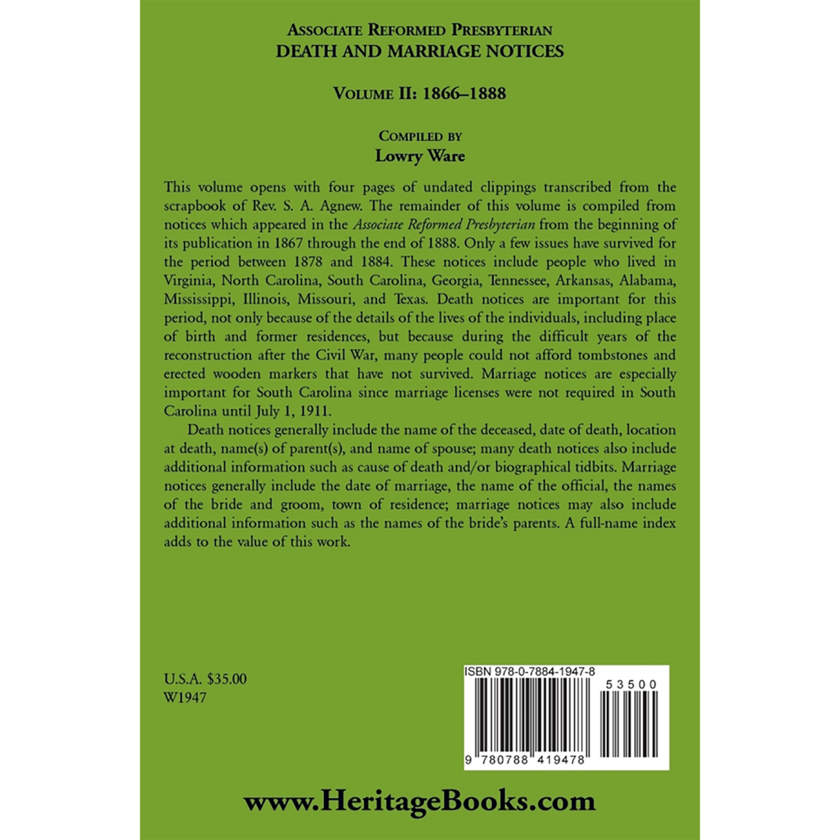 Associate Reformed Presbyterian Death and Marriage Notices, Volume II: 1866-1888 back cover