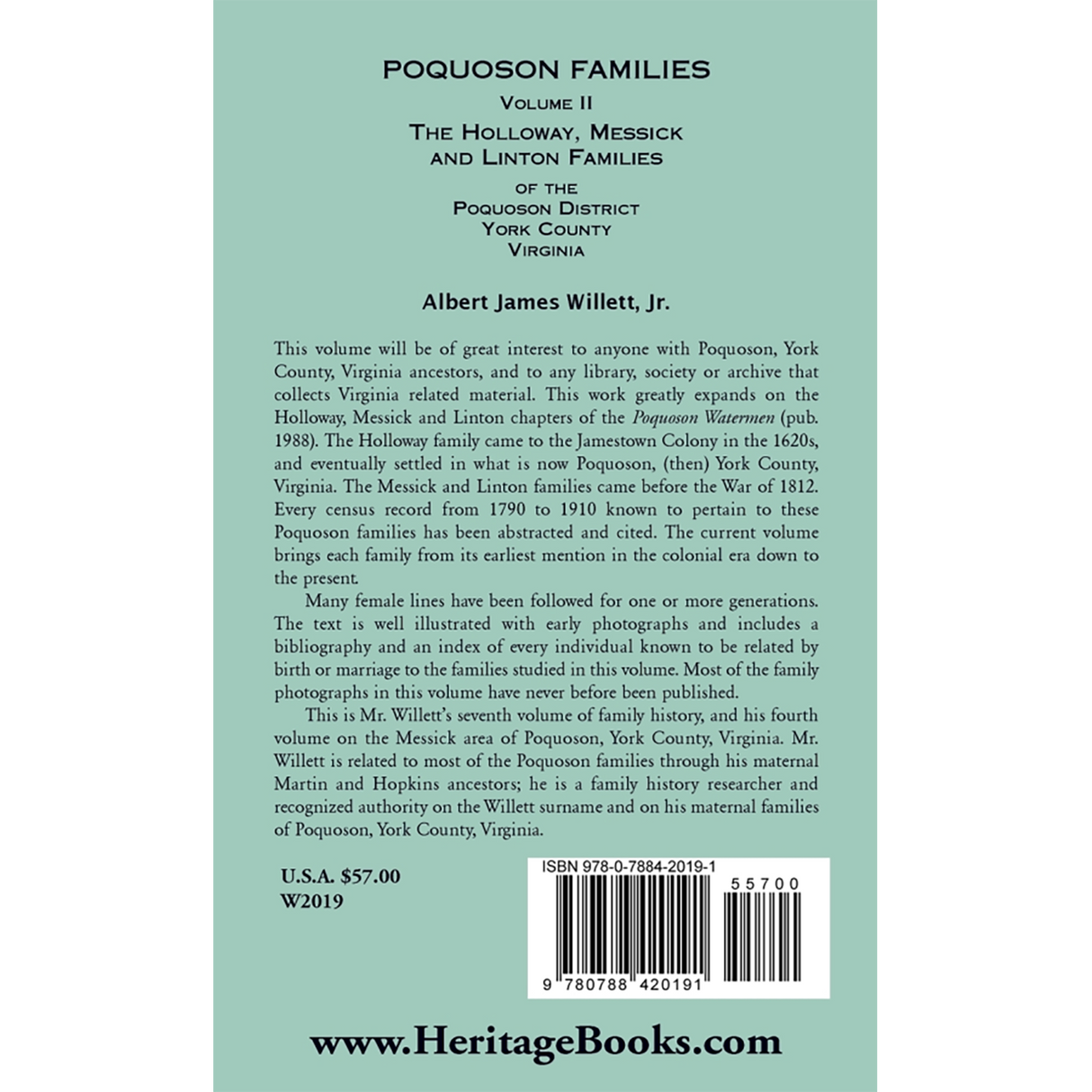 Poquoson Families, Volume II: The Holloway, Messick, and Linton Families of the Poquoson District, York County, Virginia [hardcover] back cover