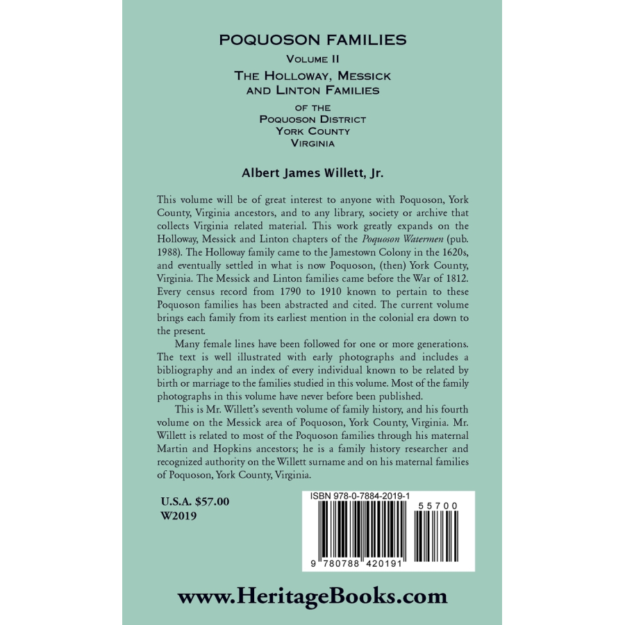 Poquoson Families, Volume II: The Holloway, Messick, and Linton Families of the Poquoson District, York County, Virginia [hardcover] back cover