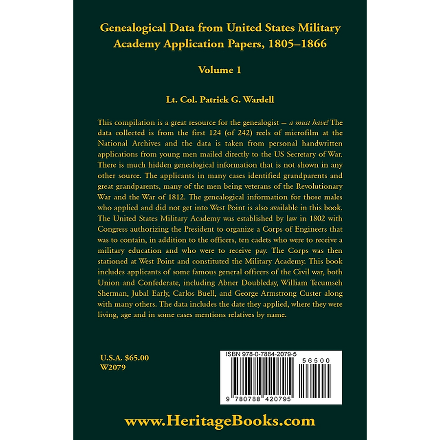 Genealogical Data from United States Military Academy Application Papers, 1805-1866, Volume 1 back cover