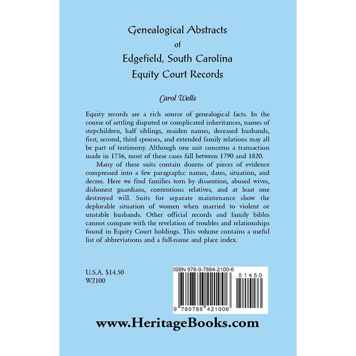 Genealogical Abstracts of Edgefield, South Carolina Equity Court Records back cover