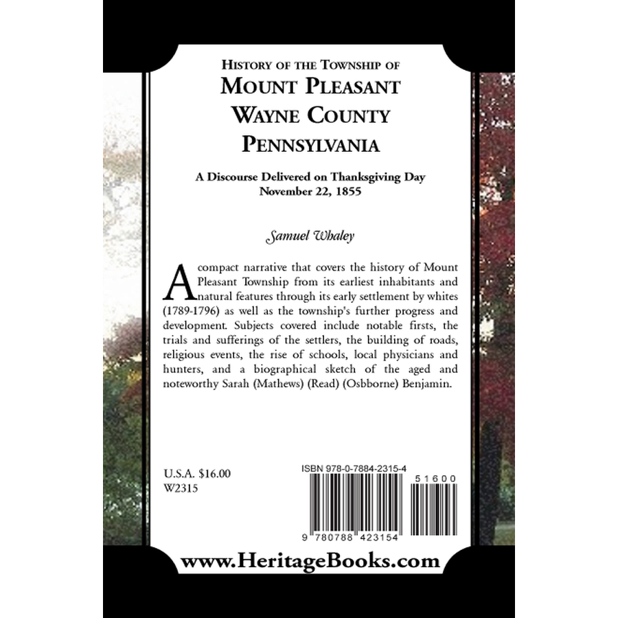 back cover of History of the Township of Mount Pleasant, Wayne County, Pennsylvania: A discourse delivered on Thanksgiving Day, November 22, 1855